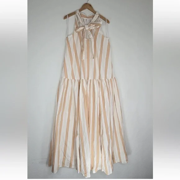 STAUD Marlowe Striped Dress Halter Tie Neck Midi Dress Tan White Size L Womens - Picture 2 of 10